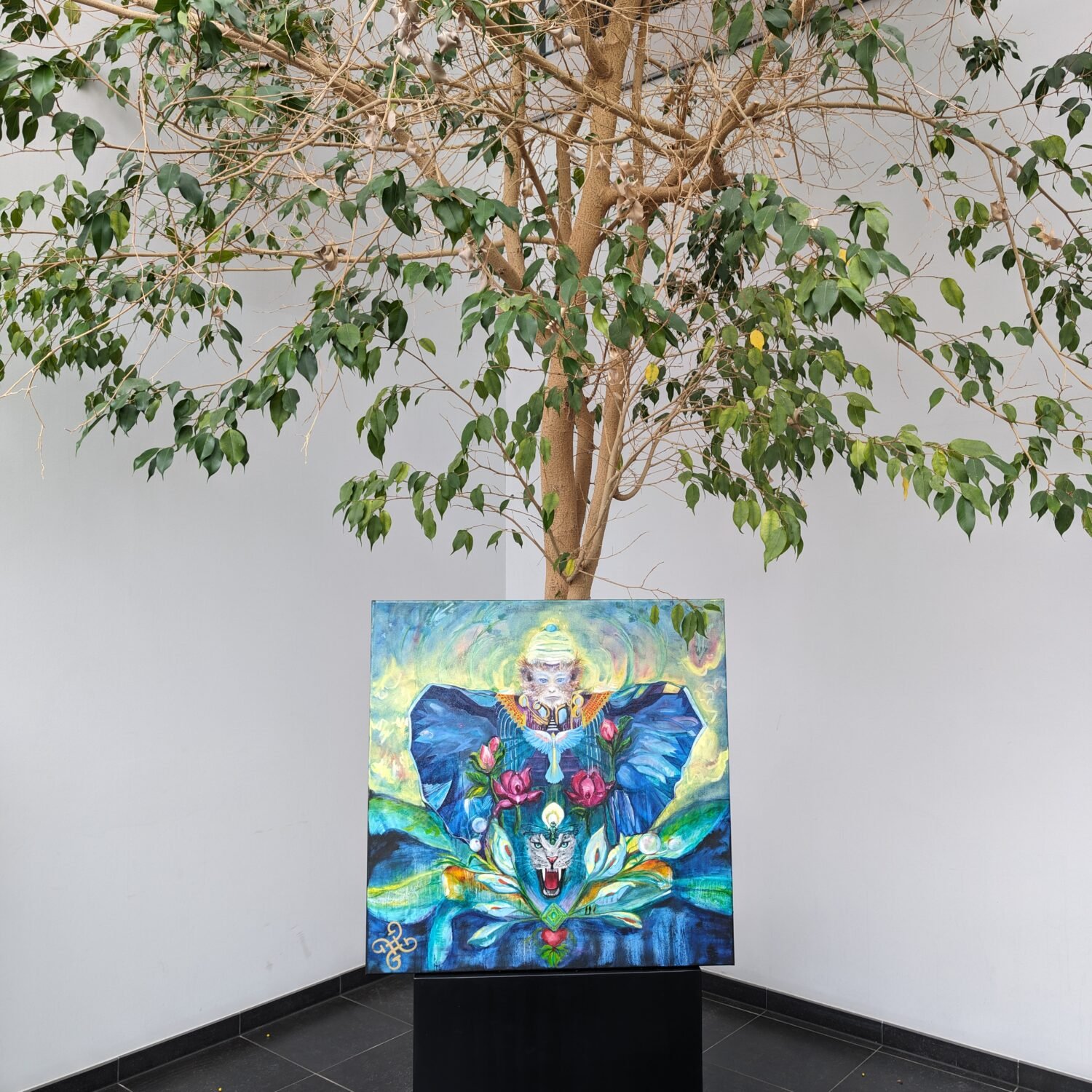 Finding your voice, een schilderij in olieverf met meerdere lagen, afmeting 90x90x1,5cm, uit de reeks 