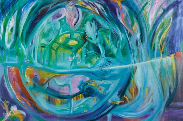 Moving Waters, acryl- en olie kunstwerk, afmeting 80x120x4 cm, 2023.