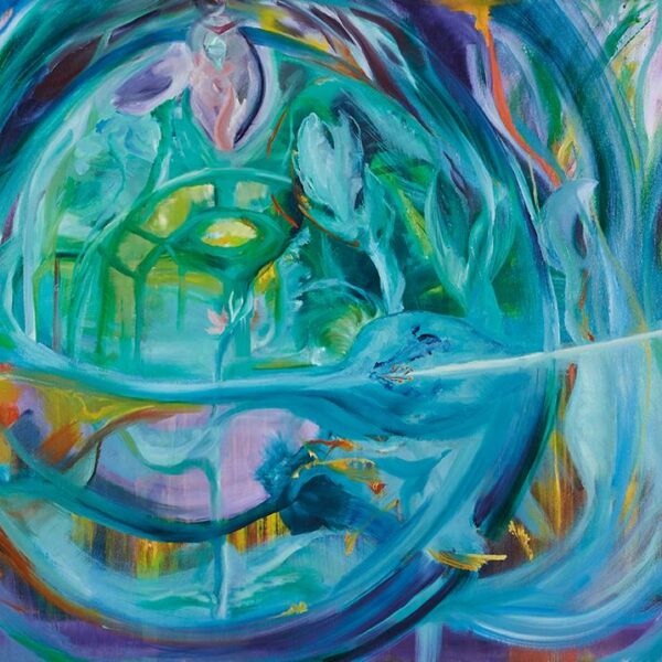 Moving Waters, acryl- en olie kunstwerk, afmeting 80x120x4 cm, 2023.