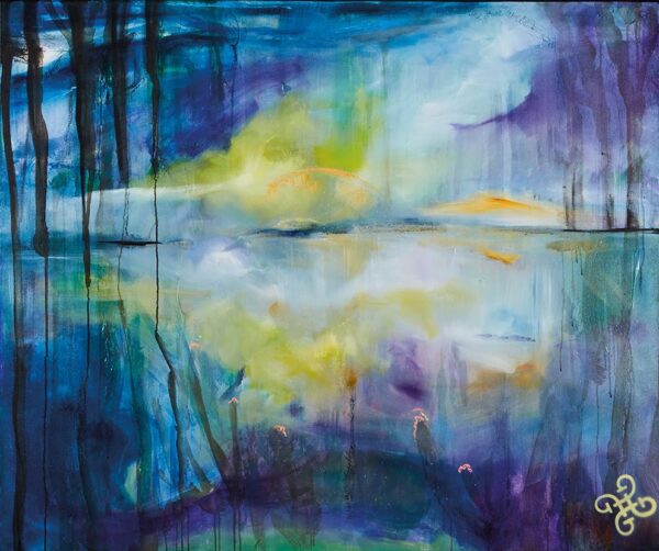 New World, een schilderij in acryl- en olieverf, afmeting 120x100x1,5 cm, verbeeldt een dromerig landschap