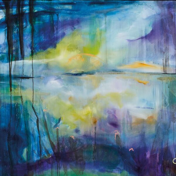 New World, een schilderij in acryl- en olieverf, afmeting 120x100x1,5 cm, verbeeldt een dromerig landschap