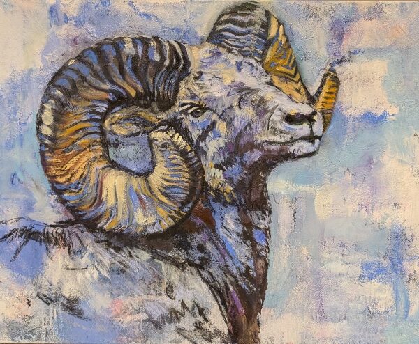 Authentieke Ram, een mixed media schilderwerk, met collage, gesso, pigment, houtskool en olieverf, afmeting van 80x60x1,5cm.