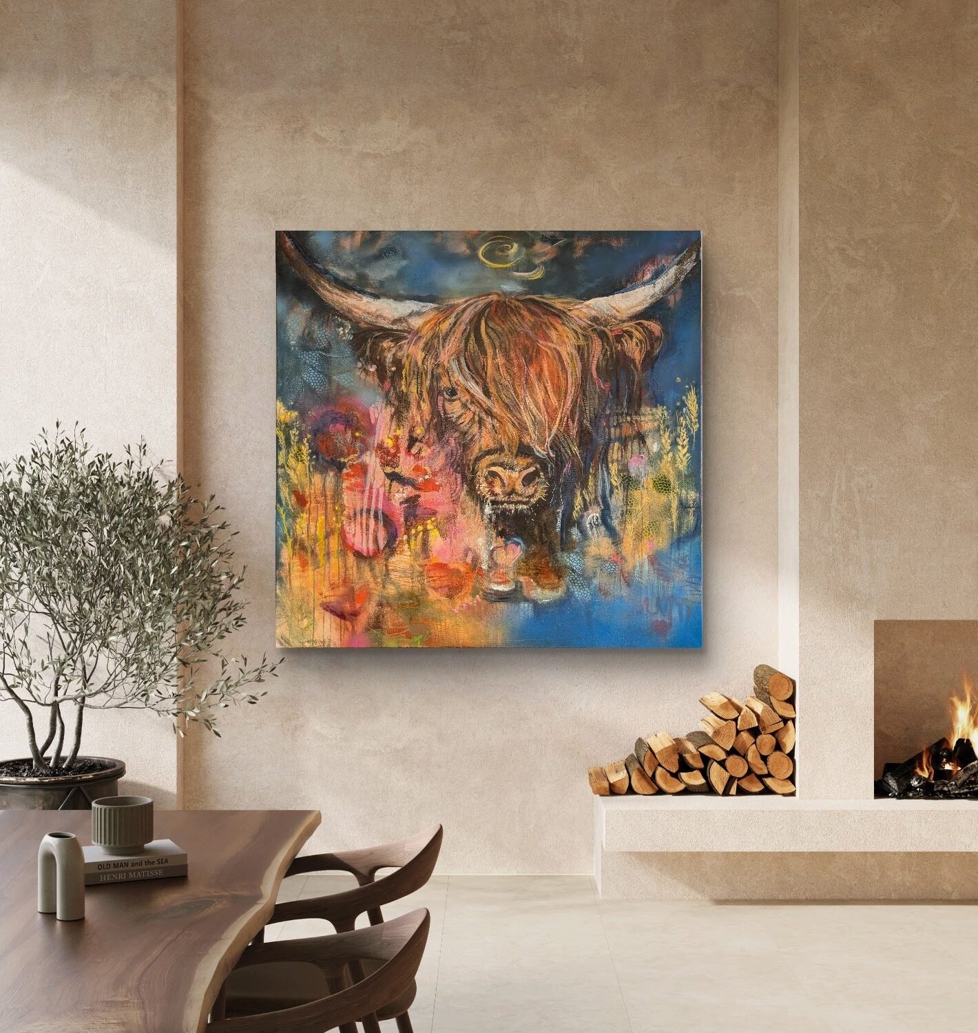 Sacred Land, een mixed media schilderij met olieverf afwerking, afmeting van 120x120x1,5cm.