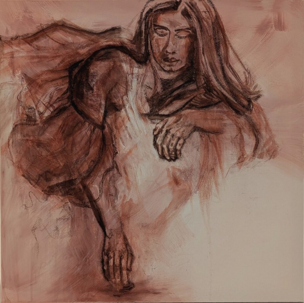 Red Earth, een schilderij met rode aarde pigmenten, geperst houtskool en olieverf, afmeting van 90x90x4cm.