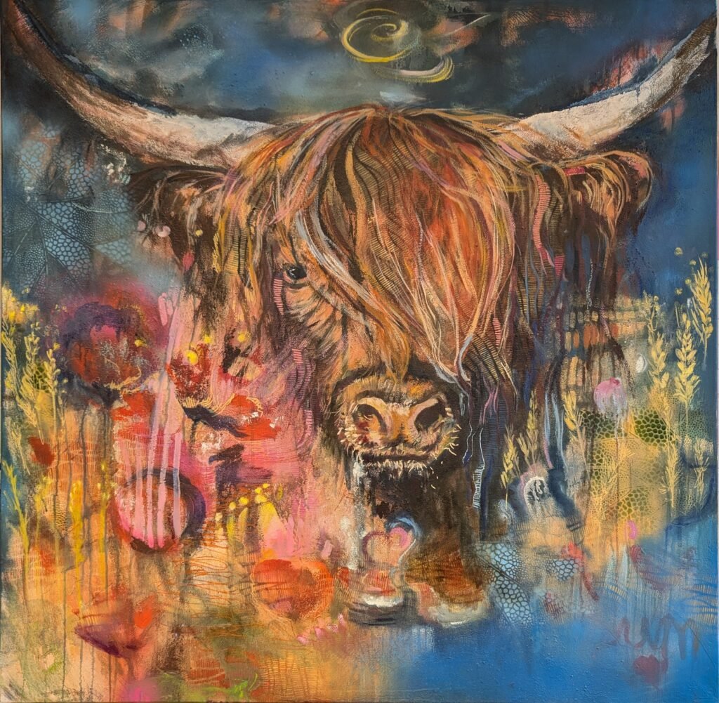 Sacred Land, een mixed media schilderij met olieverf afwerking, afmeting van 120x120x1,5cm.