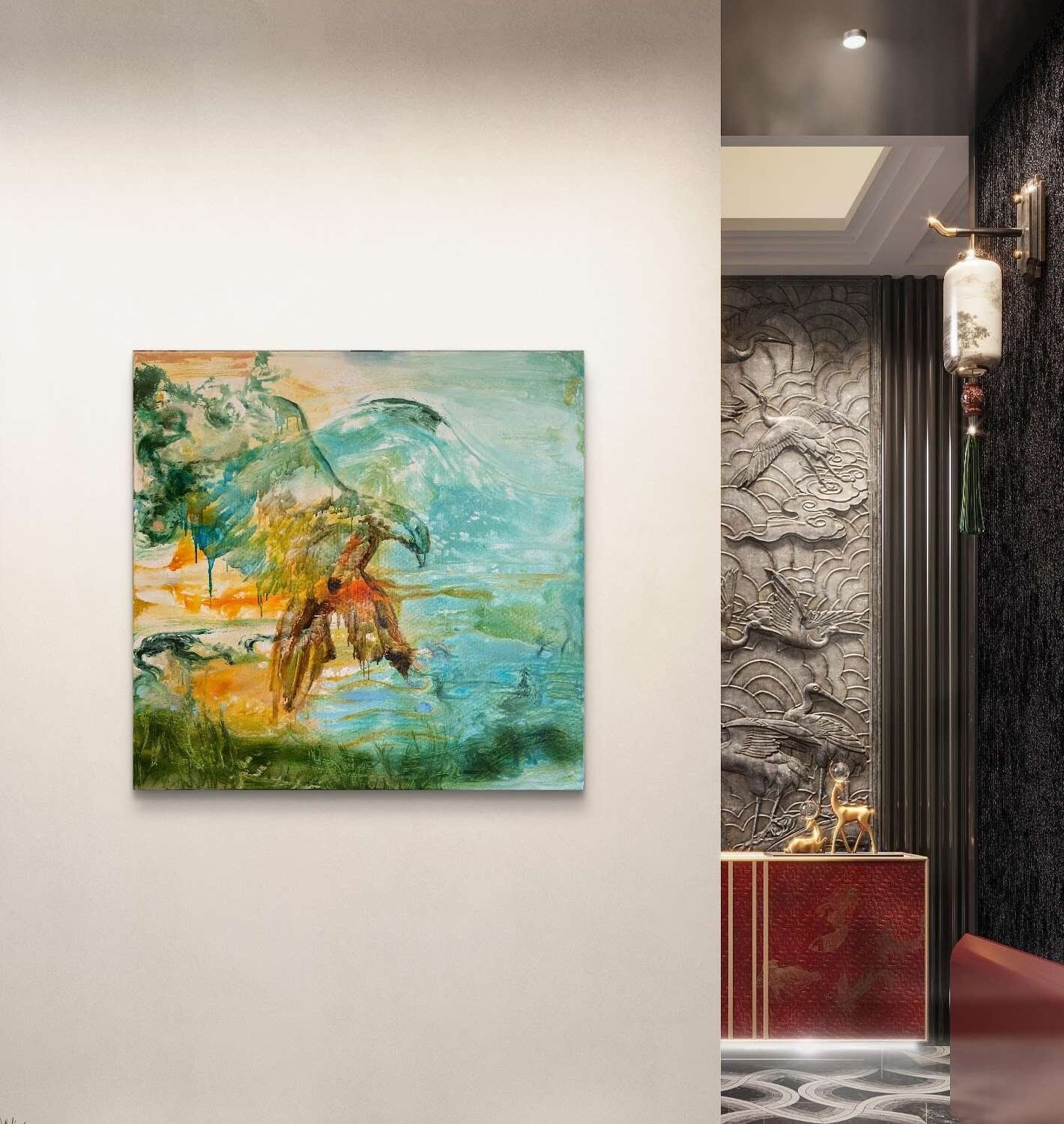 Eagle's view, een mixed media schilderij met acryl- en olieverf, afmeting van 100x100x1,5cm.