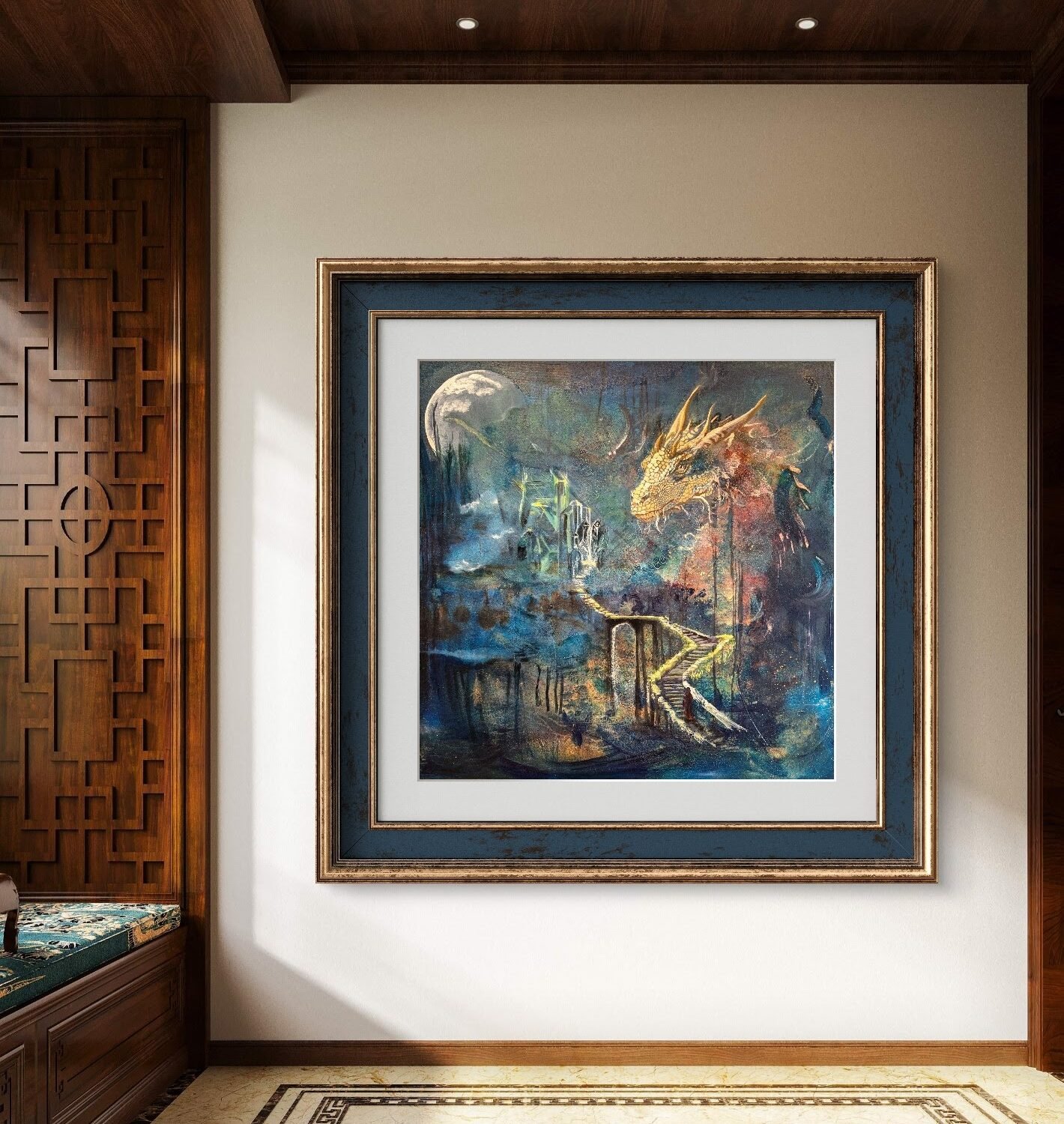 Dragons Flame, een mixed media schilderij met acryl- en olieverf, afmeting van 100x100x1,5cm.