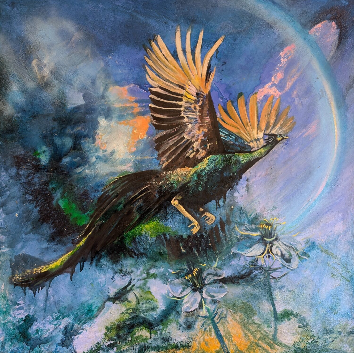 Into New Realities, een energetisch kunstwerk met acryl- en olieverf, afmeting van 120x120x1,5cm.