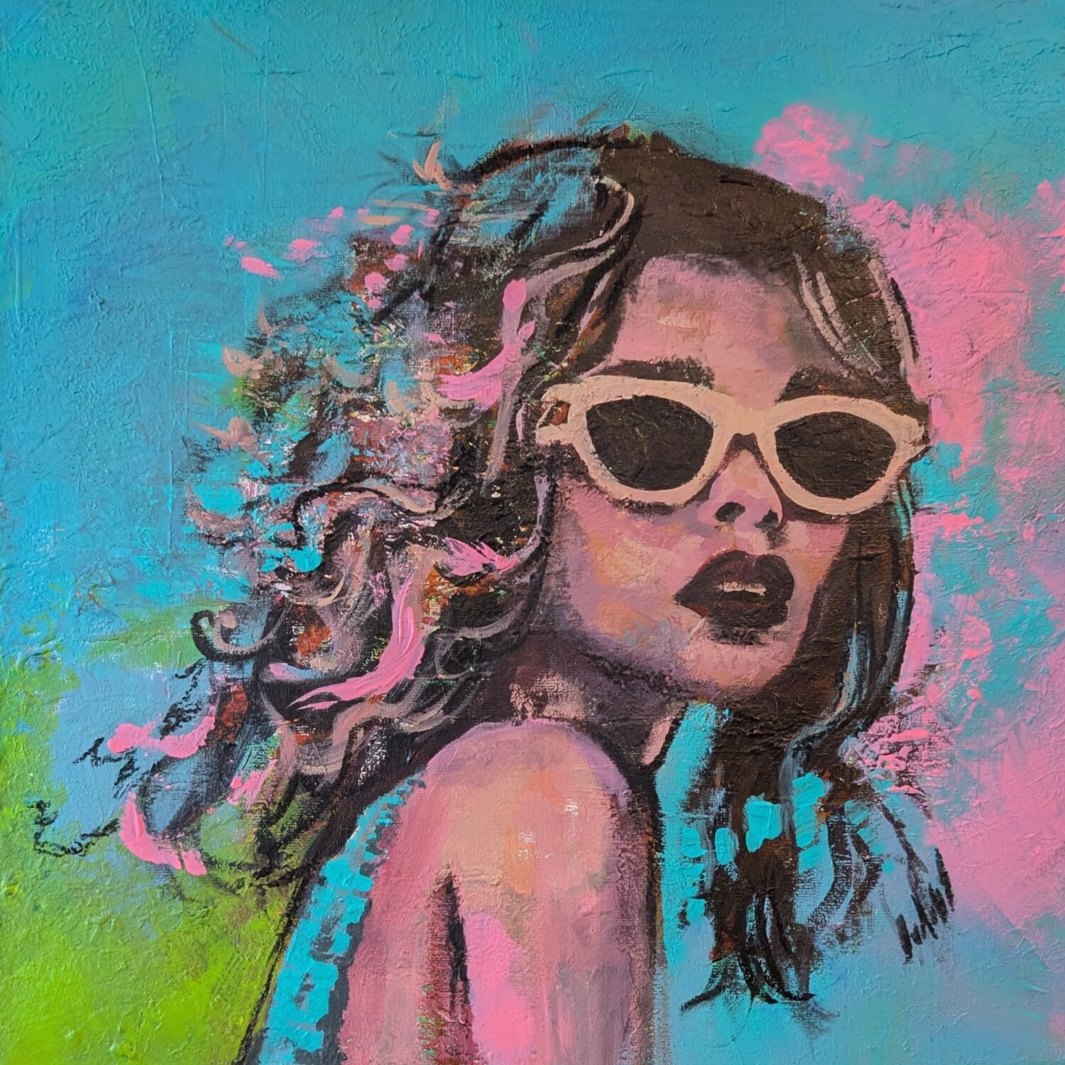 I dream in colours, an energetic artwork with acrylic paint, dimensions 50x50x1.5cm.